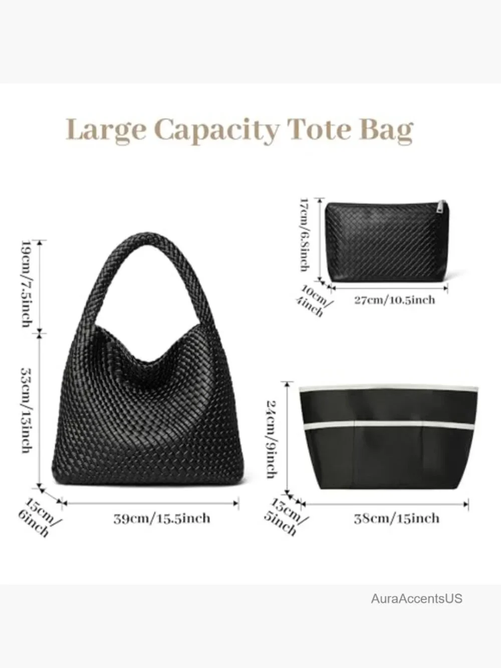Large Capacity Woven Hobo Tote Bag with Pouch & Organizer